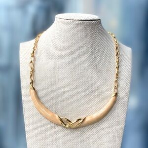 80s VTG Monet Gold Tone &Pink Cream Marbled Enamel Statement Collar Necklace